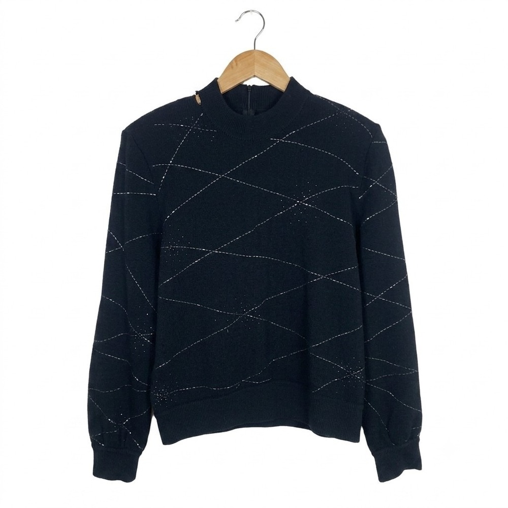 Vtg St. John‎ Evenings Black Beaded Starburst Mockneck Sweater Elegant Luxury M